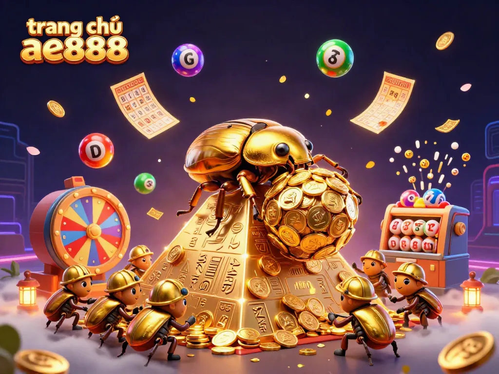Experience the excitement of winning at trang chủ ae888 with a vibrant illustration of golden games and lottery elements.