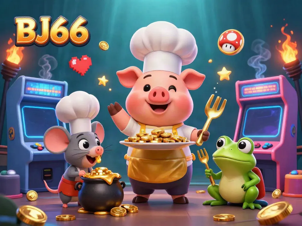 BJ66 celebrates casino gaming with vibrant characters and golden coins under a dynamic scene.