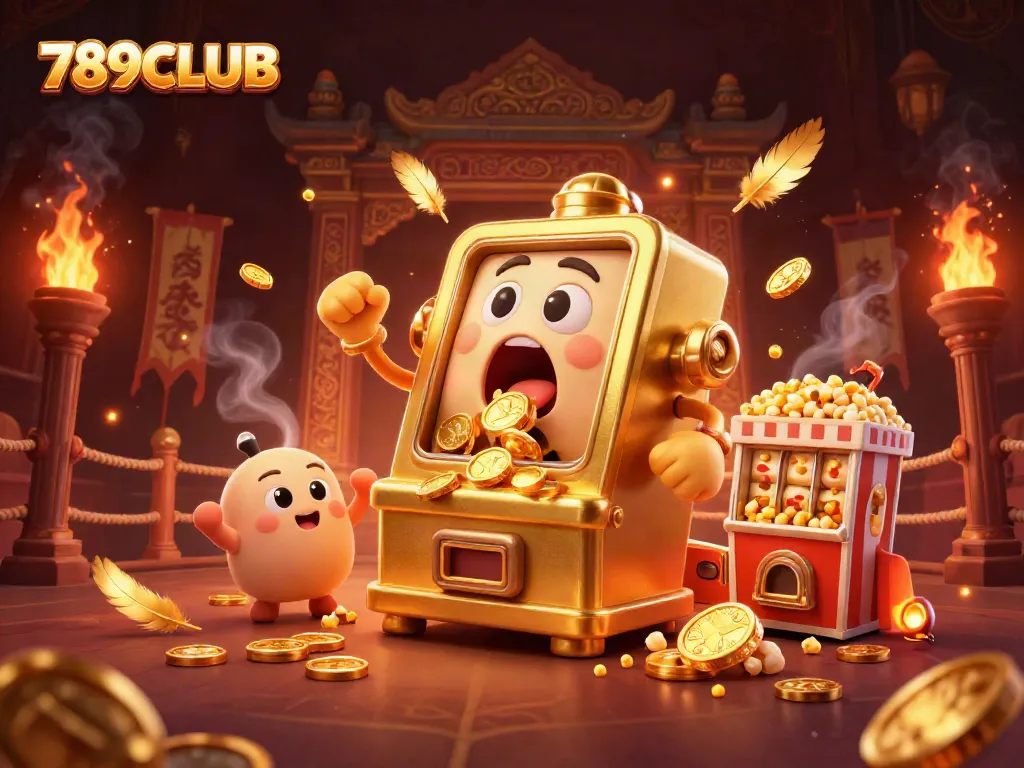 See the 789CLUB slot machine celebrating its jackpot as coins cascade, embodying online gambling excitement.