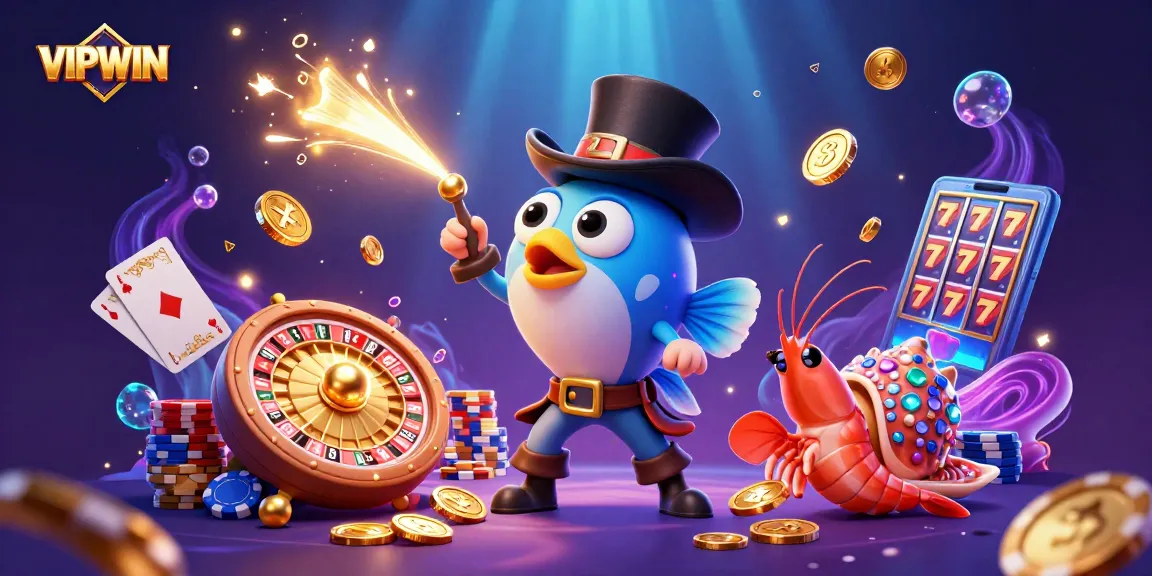 Join the fun at VIPWIN with a 3D anglerfish and friends attracting golden coins in a vibrant casino scene.