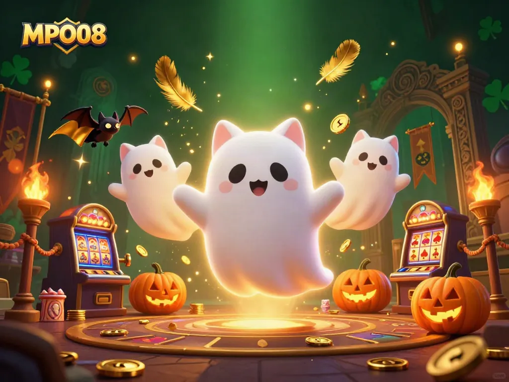 MPO08 captures a ghost cat and bat in a vibrant haunted casino, engaging in thrilling games.
