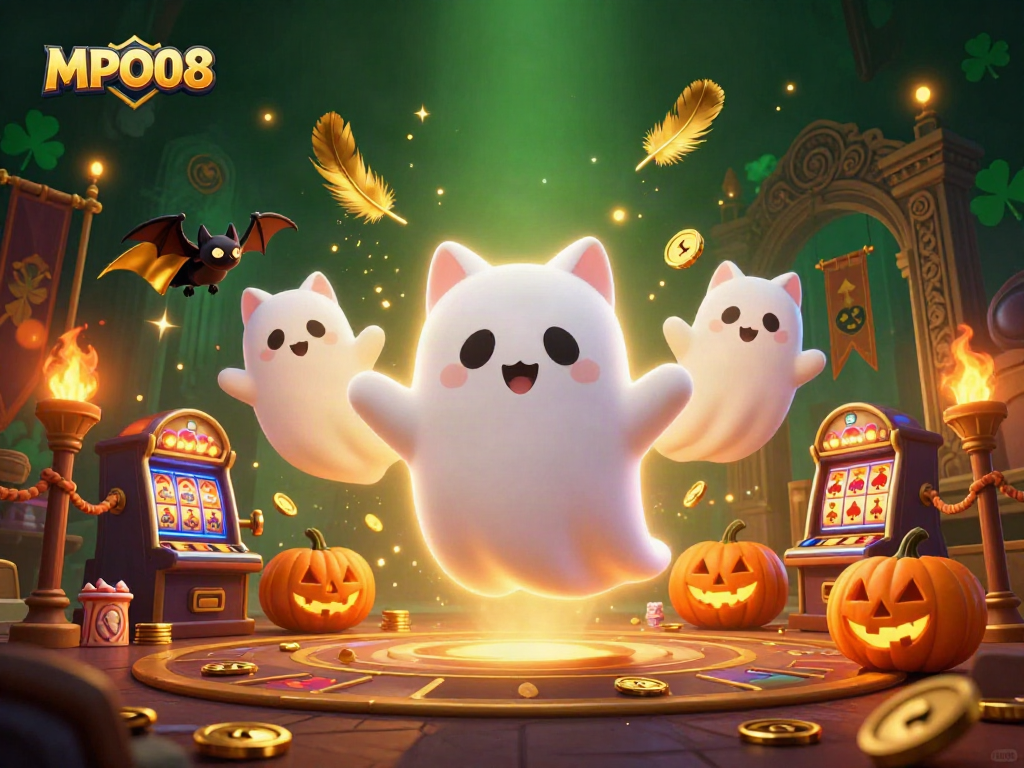 MPO08 captures a ghost cat and bat in a vibrant haunted casino, engaging in thrilling games.