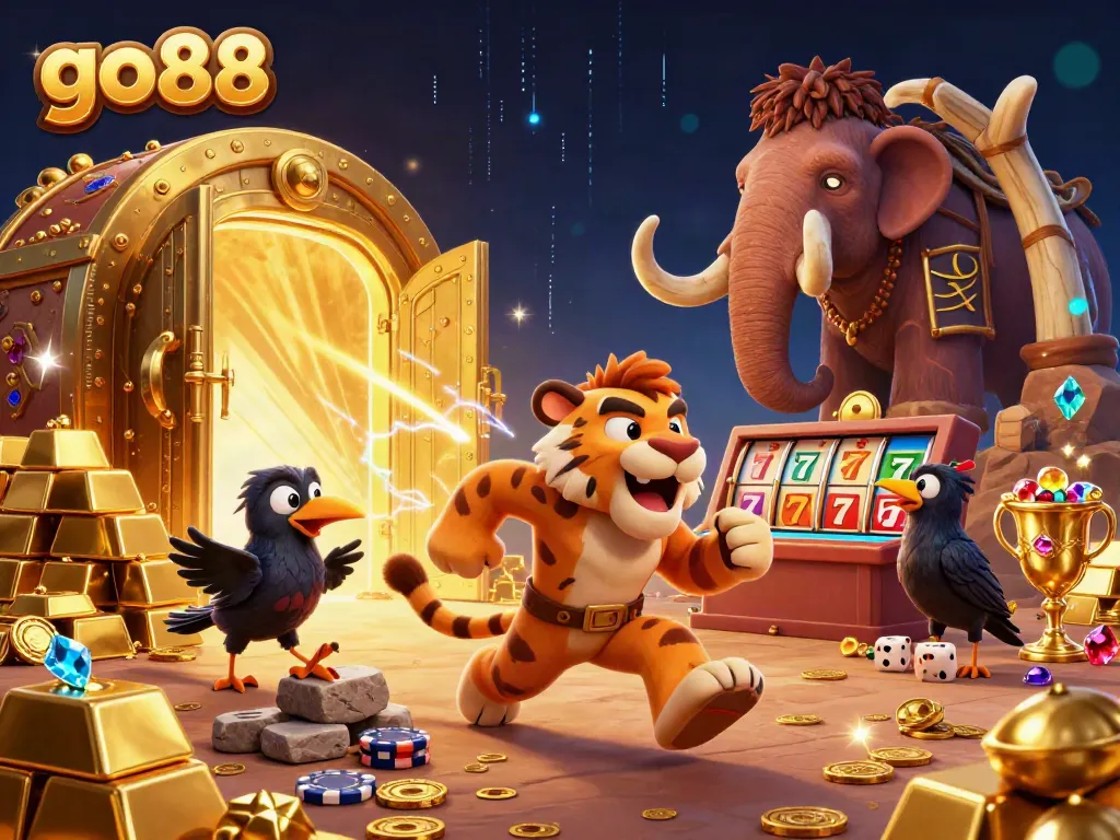 Experience exciting gameplay at go88 with a dynamic illustration of a prehistoric casino featuring unique characters.