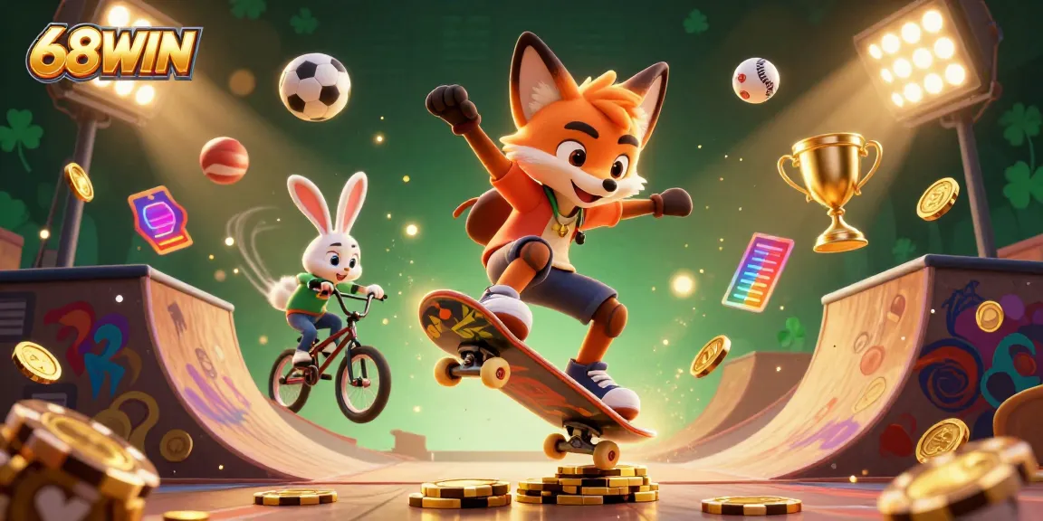 Experience thrilling action at 68WIN with a skateboarder fox and BMX rabbit in this dynamic casino-themed scene.