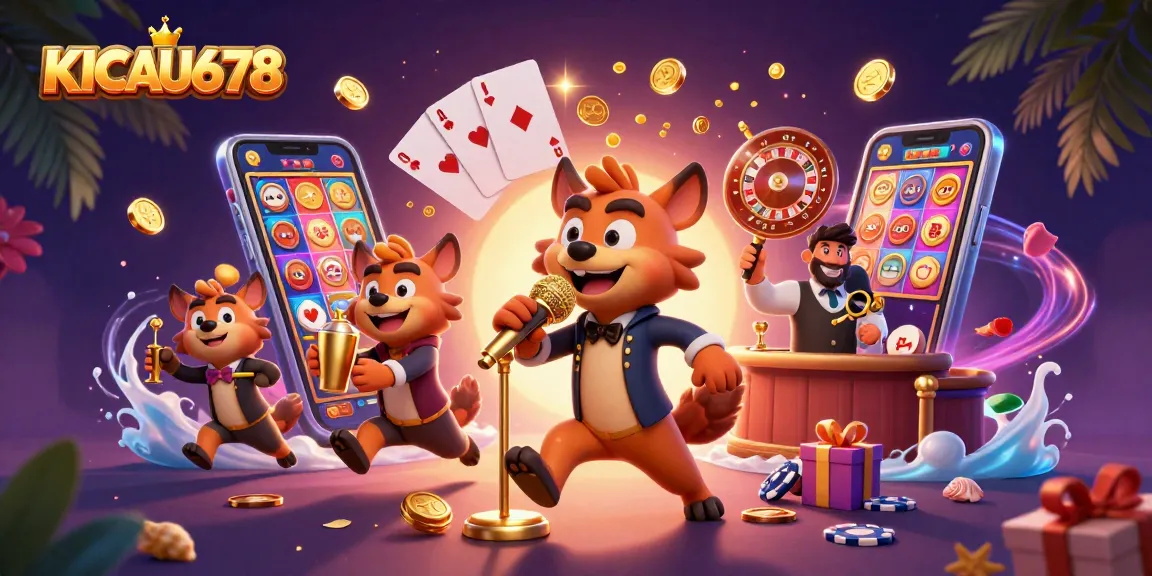 KICAU678 comedy casino scene with hyenas, vibrant gaming elements, and engaging atmosphere