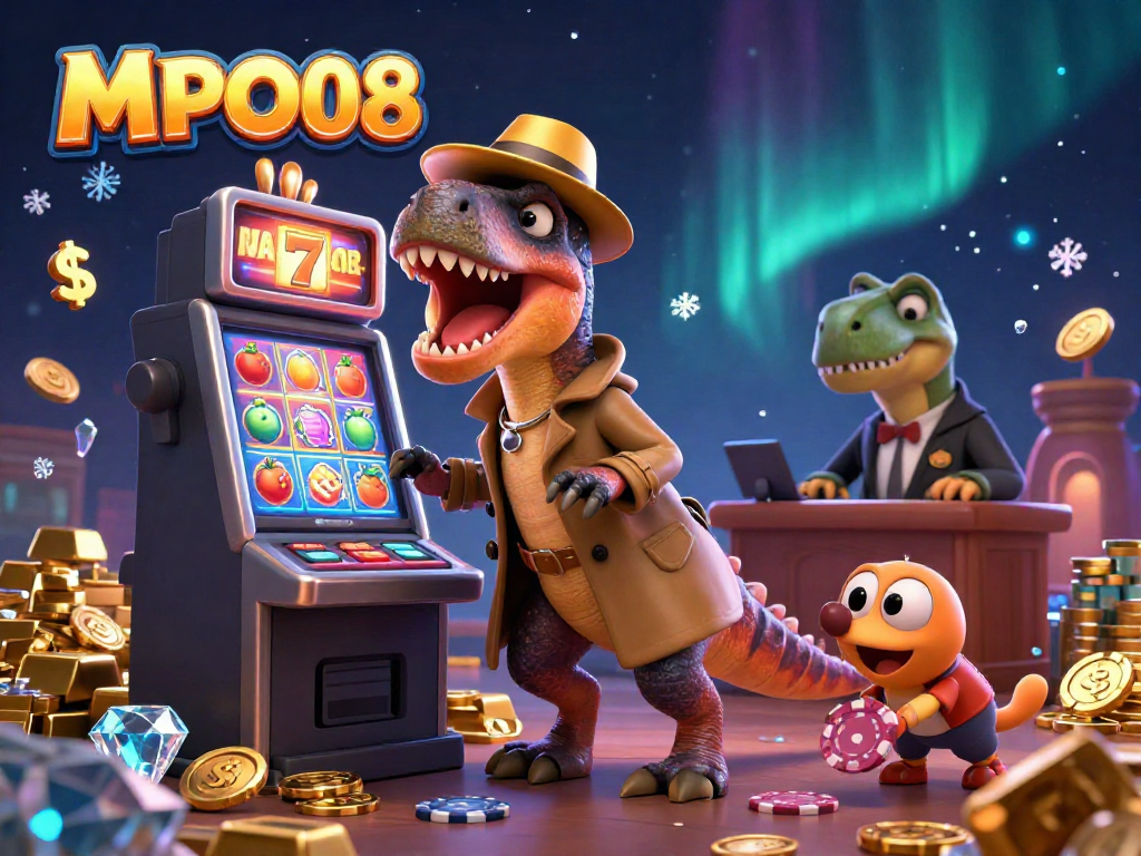 MPO08 engages players in thrilling slot action with a cartoon velociraptor, stegosaurus, and pickpocket among dazzling treasures.