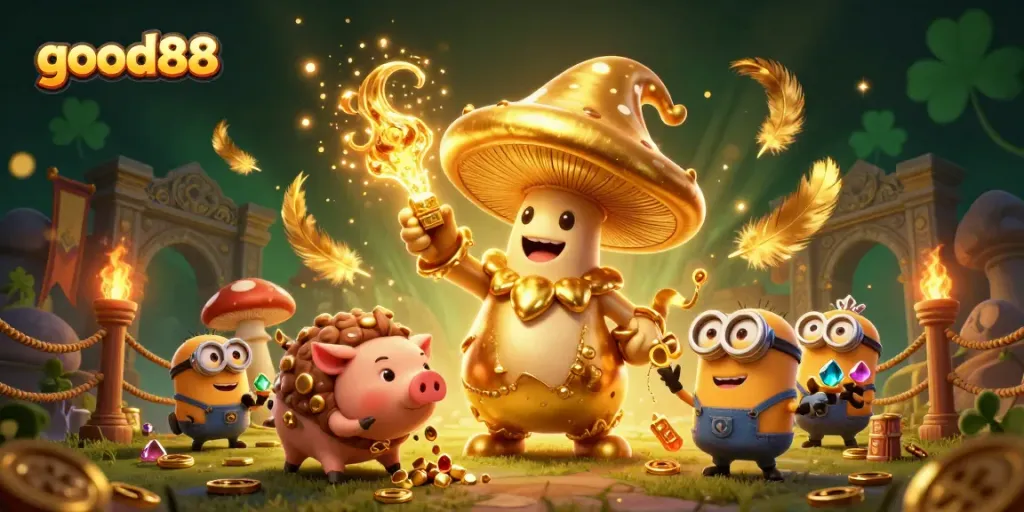 Immerse in a golden casino adventure with good88, featuring a magical mushroom wizard and treasure-filled elements.