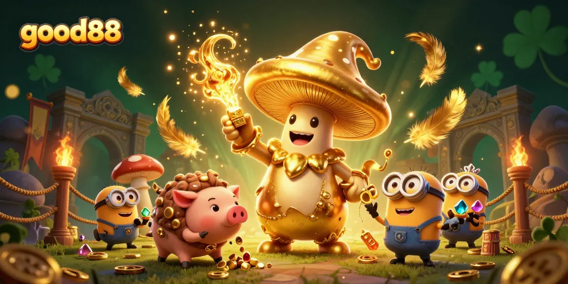 Immerse in a golden casino adventure with good88, featuring a magical mushroom wizard and treasure-filled elements.