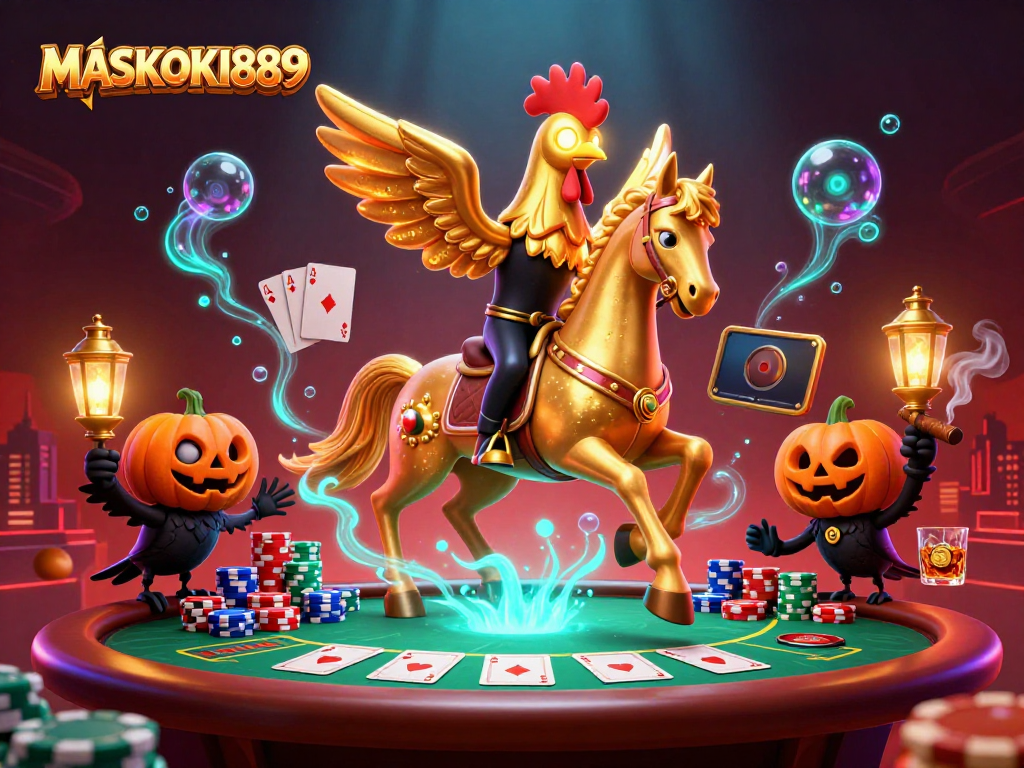 Experience the thrilling casino atmosphere with MASKOKI889's vibrant poker scene featuring golden rooster characters.