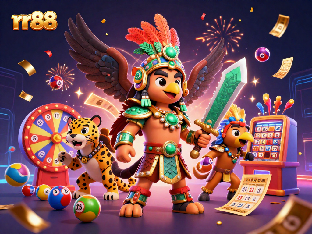 Experience thrilling moments with rr88 as colorful lottery balls and bingo cards animate this vibrant scene.