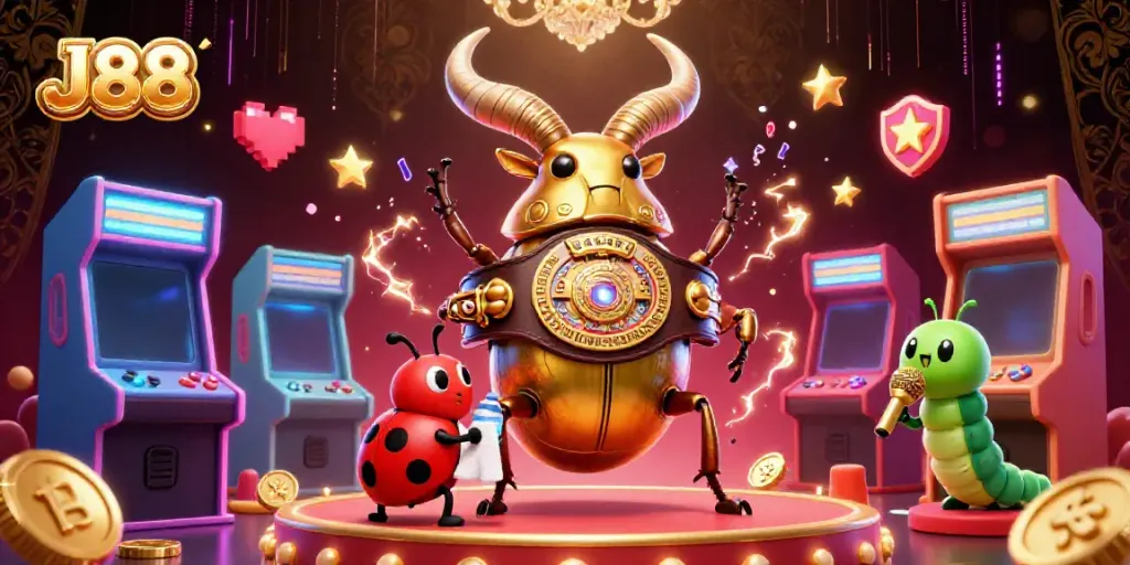 Experience thrilling action at J88 with a golden stag beetle champion amidst vibrant casino-themed elements.