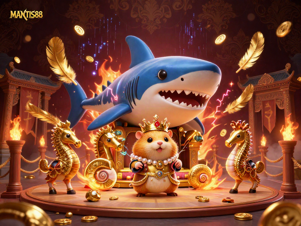 MANTIS88 captures the vibrant scene of a golden hamster king ruling over a lively casino arena with unique gambling elements.