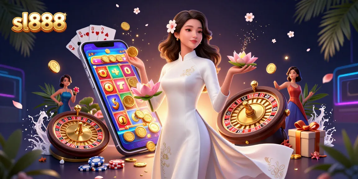 Experience thrilling gameplay with sl888 featuring a photorealistic woman in a stunning ao dai amid vibrant casino elements.