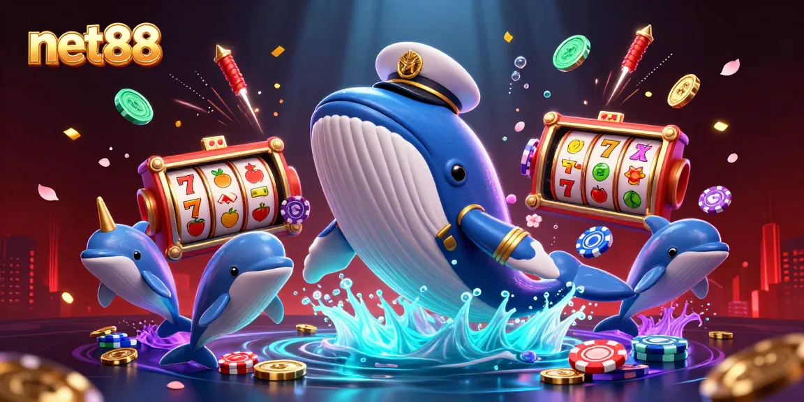 Engage with net88's vibrant casino scene featuring a whale and dolphins in a splash of coins!