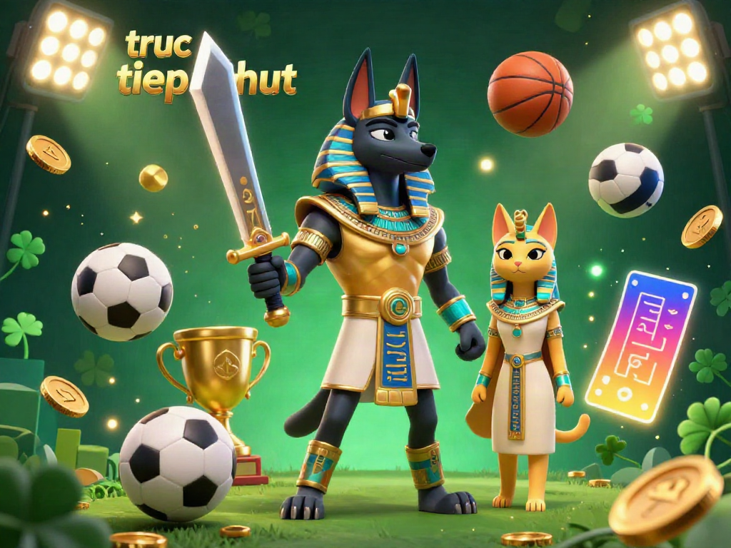 Experience truc tiep 90phut with vibrant sports betting scene showcasing dynamic sports balls, Anubis, and Bastet.
