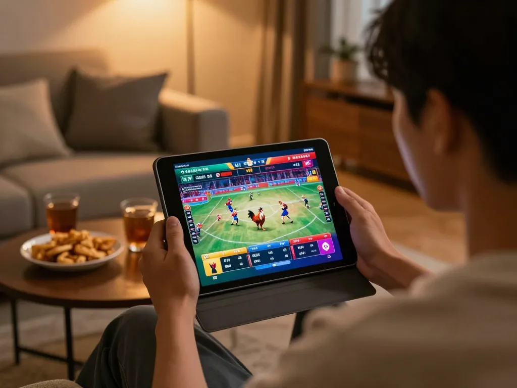 Experience trực tiếp đá gà on a tablet in a cozy home setting while placing bets.