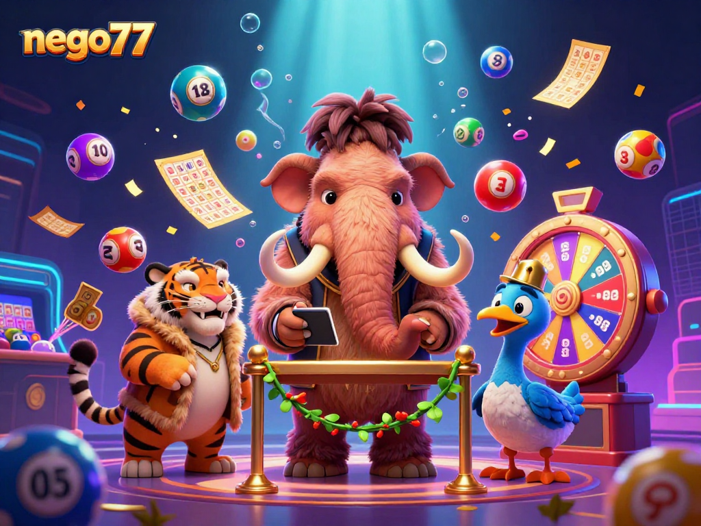 Experience the exciting atmosphere at nego77 with colorful lottery balls and charming characters.
