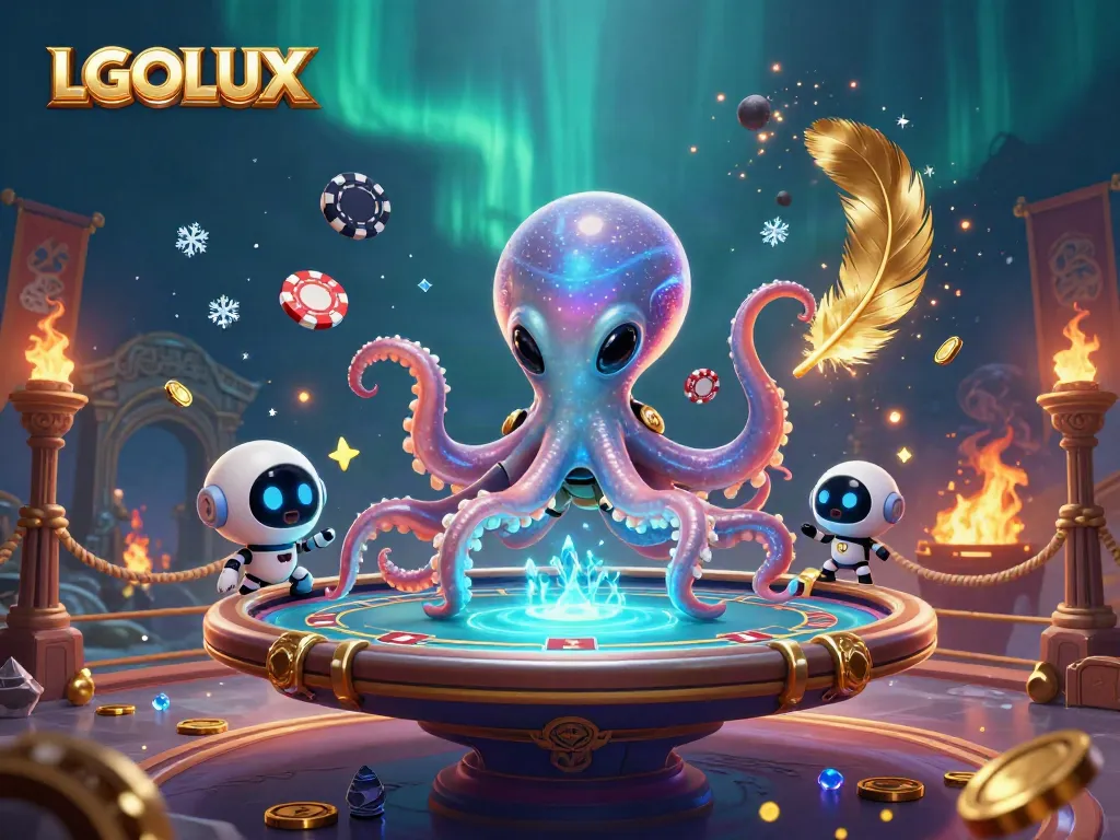 Experience immersive gaming at LGOLUX with an alien octopus and poker elements in a vibrant scene.