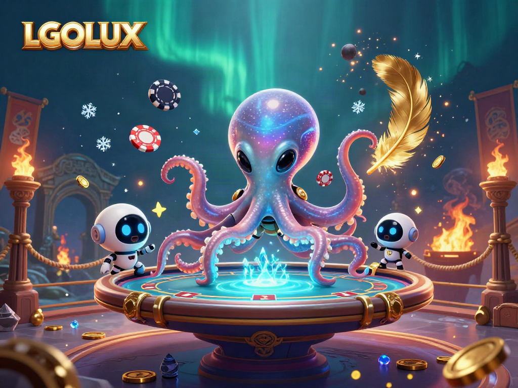 Experience immersive gaming at LGOLUX with an alien octopus and poker elements in a vibrant scene.