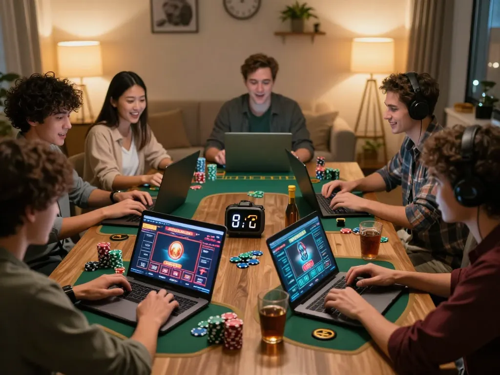 RR88 players engaging in exciting online gaming, strategizing with laptops and tablets in a cozy living room.
