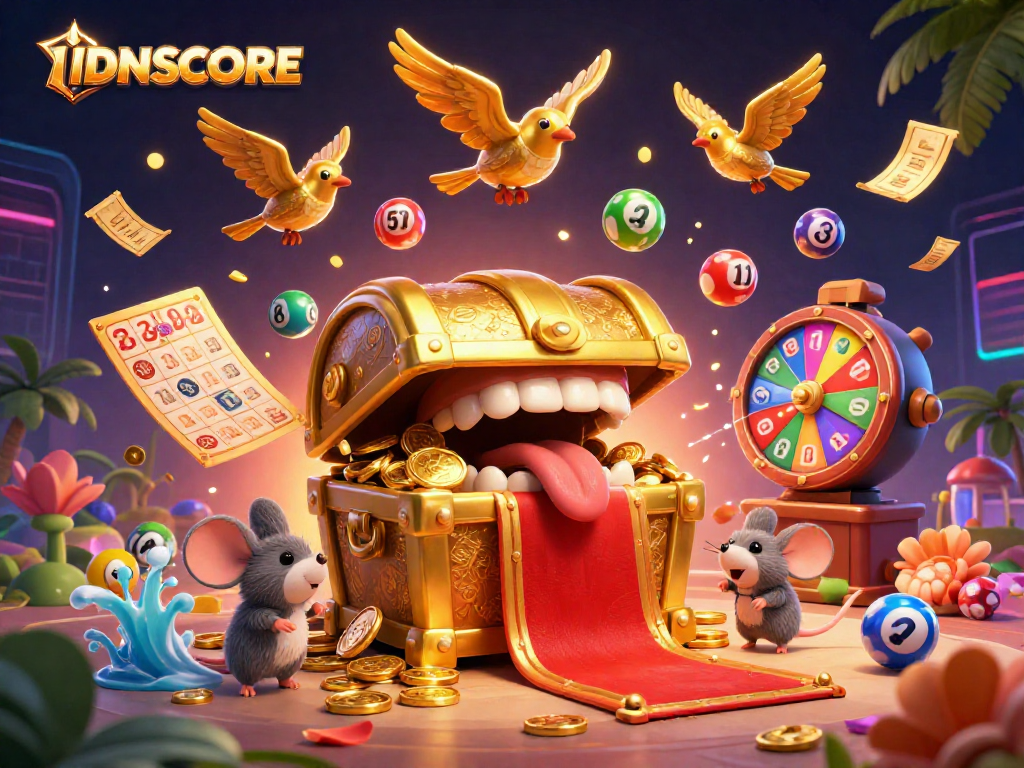 Engage with IDNSCORE's vibrant gaming world featuring a treasure chest and animated fun elements.