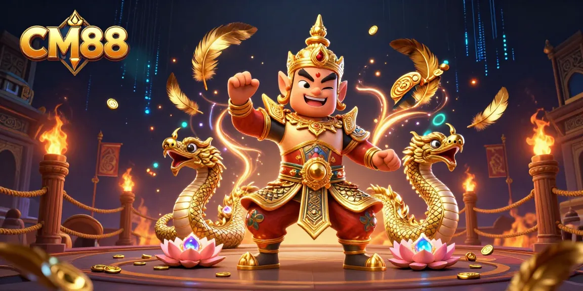 Experience thrilling gameplay at CM88 with a vibrant illustration of Asian casino elements and guardians.