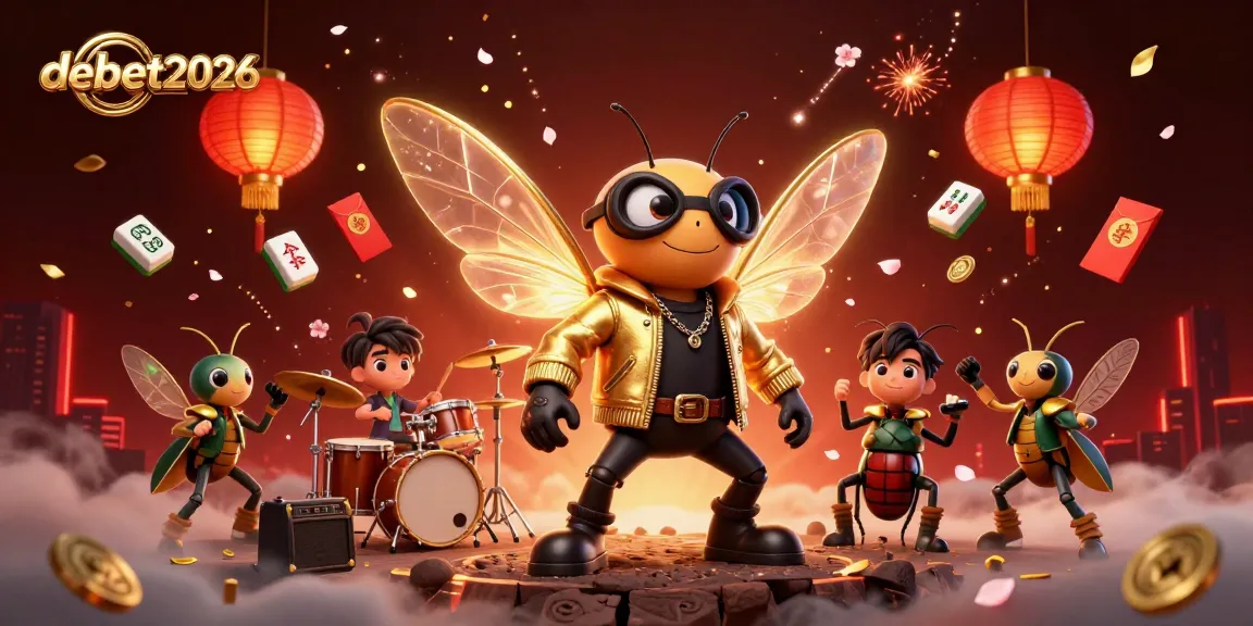 Engage in thrilling games with debet2026's cartoon rock star performing in a vibrant casino scene.