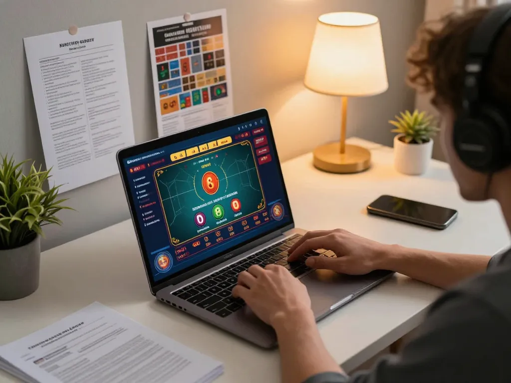 Calzadagallery player engaging in an exciting online casino game at home with strategy notes and cozy atmosphere.
