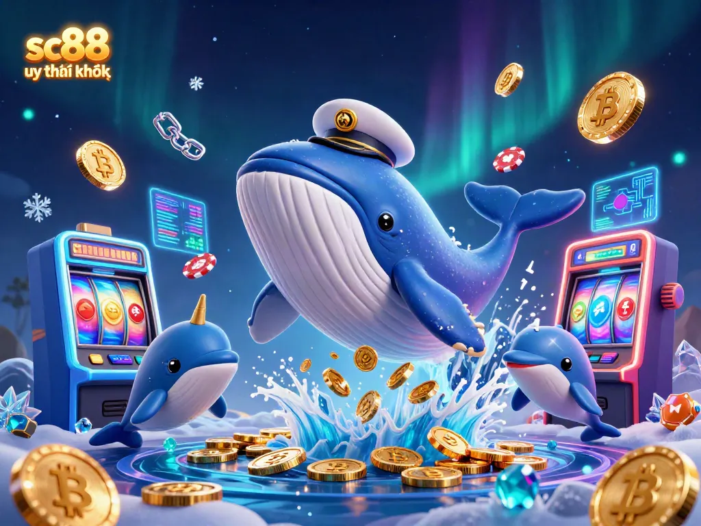 Play slots at sc88 uy tín không with whales, dolphins, and crypto elements in a colorful vibrant scene.