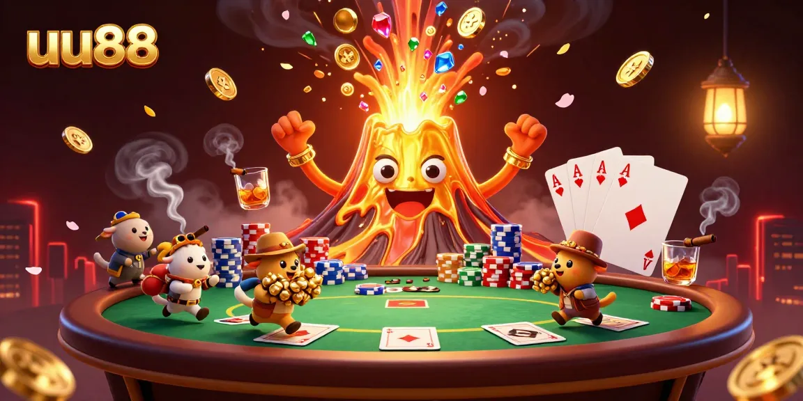 Experience exciting games and thrilling wins at uu88, with a vibrant casino atmosphere featuring golden volcanoes and treasure.