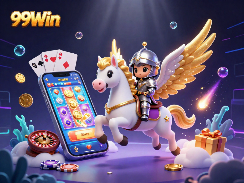 Join the 99Win adventure with vibrant visuals of a golden-winged horse, slot games, and rich casino elements!