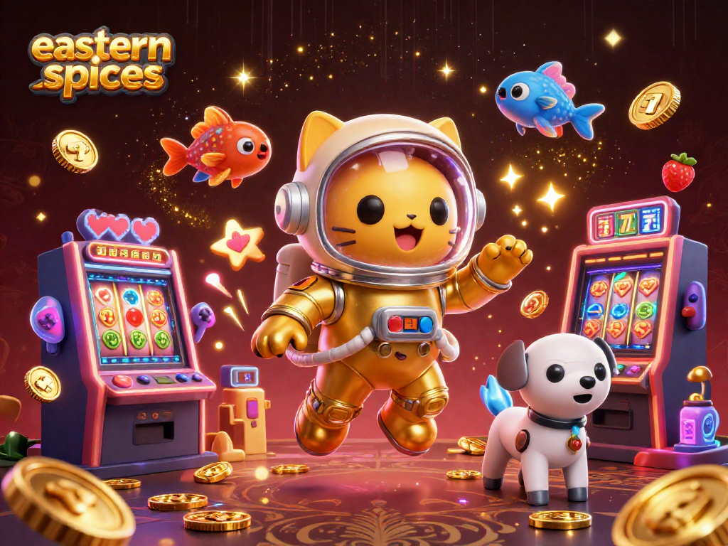 Spin the reels with easternspices in this vibrant 3D casino scene, featuring colorful slot elements and gaming excitement.