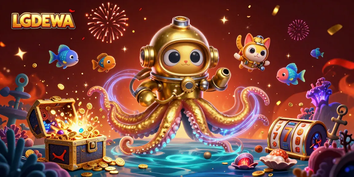 Join LGODEWA for thrilling slot action amidst a vibrant underwater world of treasures and floating slot reels.