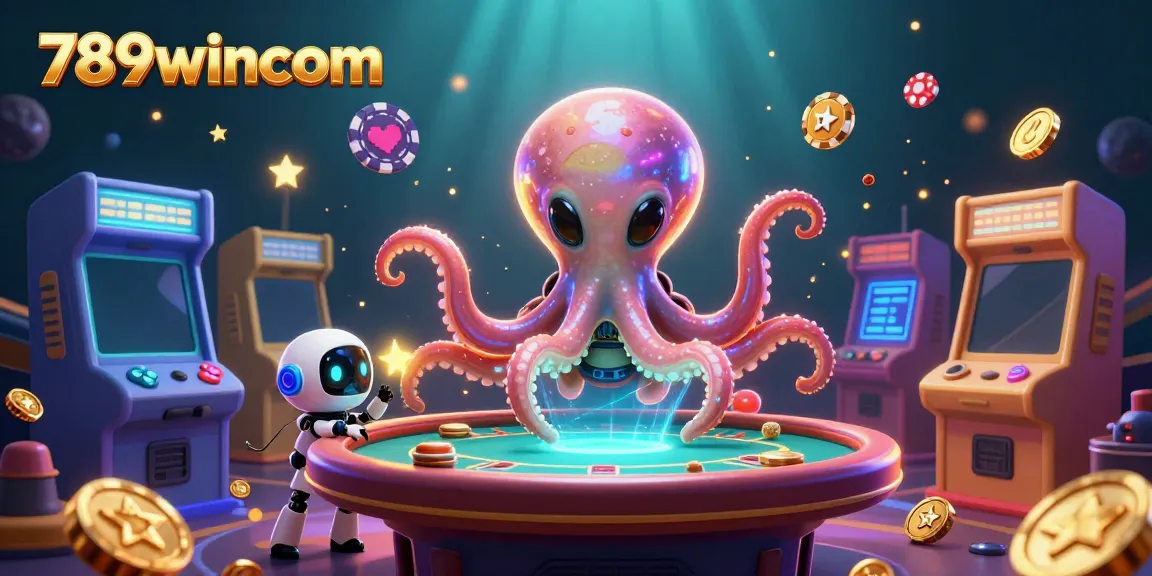 Engage in thrilling gameplay with the vibrant 789wincom-themed alien octopus and poker action.