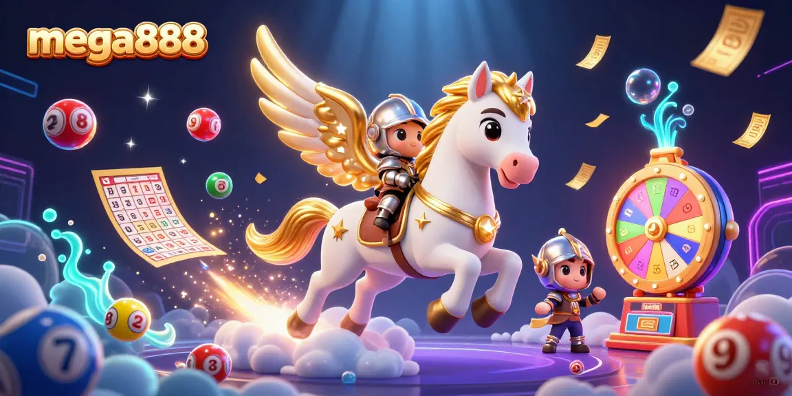 Experience excitement with mega888: A fantasy scene of a celestial horse and knight amidst dynamic casino game elements.