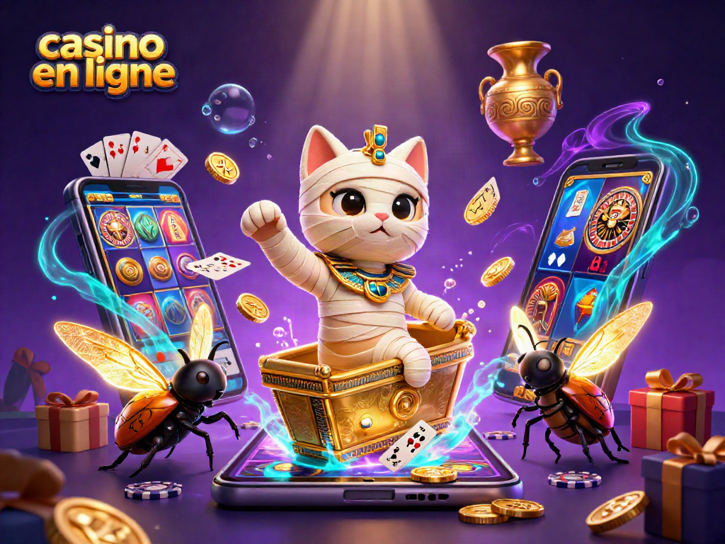 Jouez aux machines à sous dans un casino en ligne avec un sarcophage égyptien et des symboles flottants.