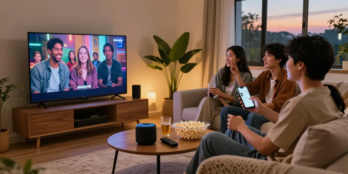 Group of friends enjoying a movie night with Pikashow APK streaming on TV