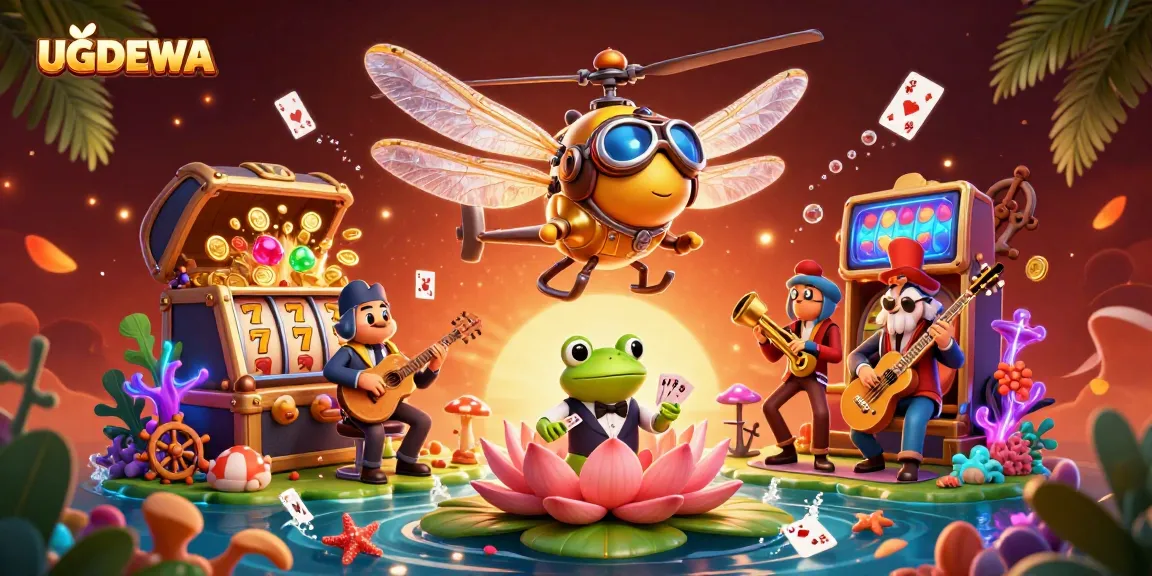 Experience the thrilling action of UGDEWA as a dragonfly pilot hovers above a vibrant lily pad casino.