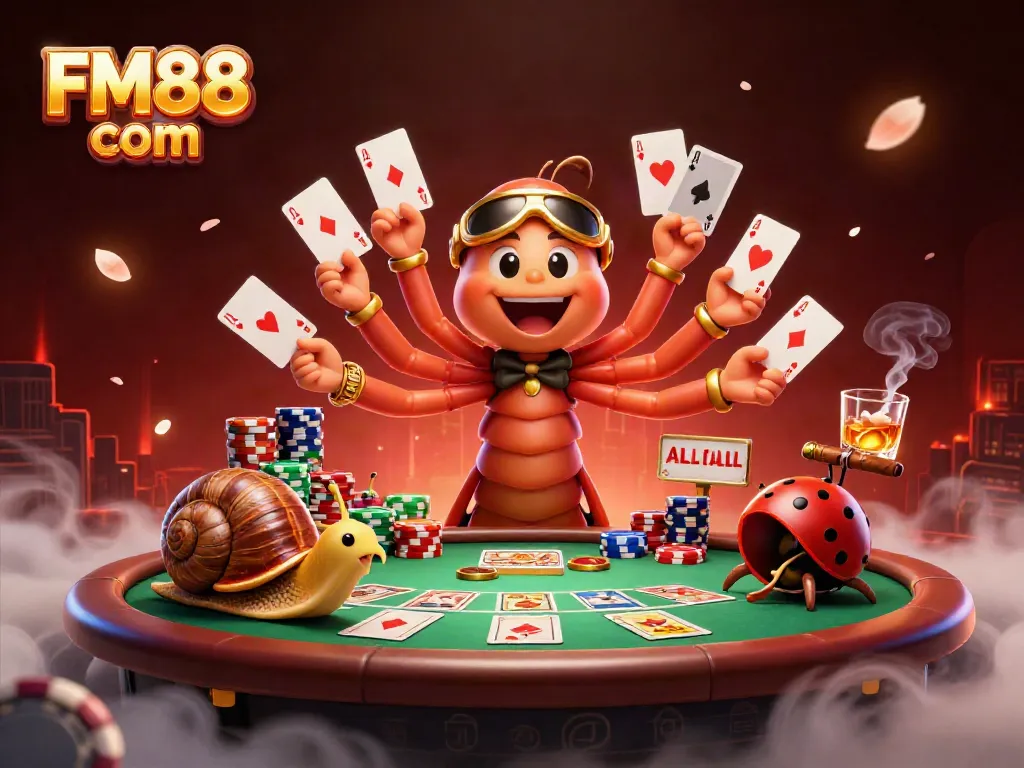 Engage with FM88 com at a vibrant poker game, featuring whimsical characters and dynamic casino elements.