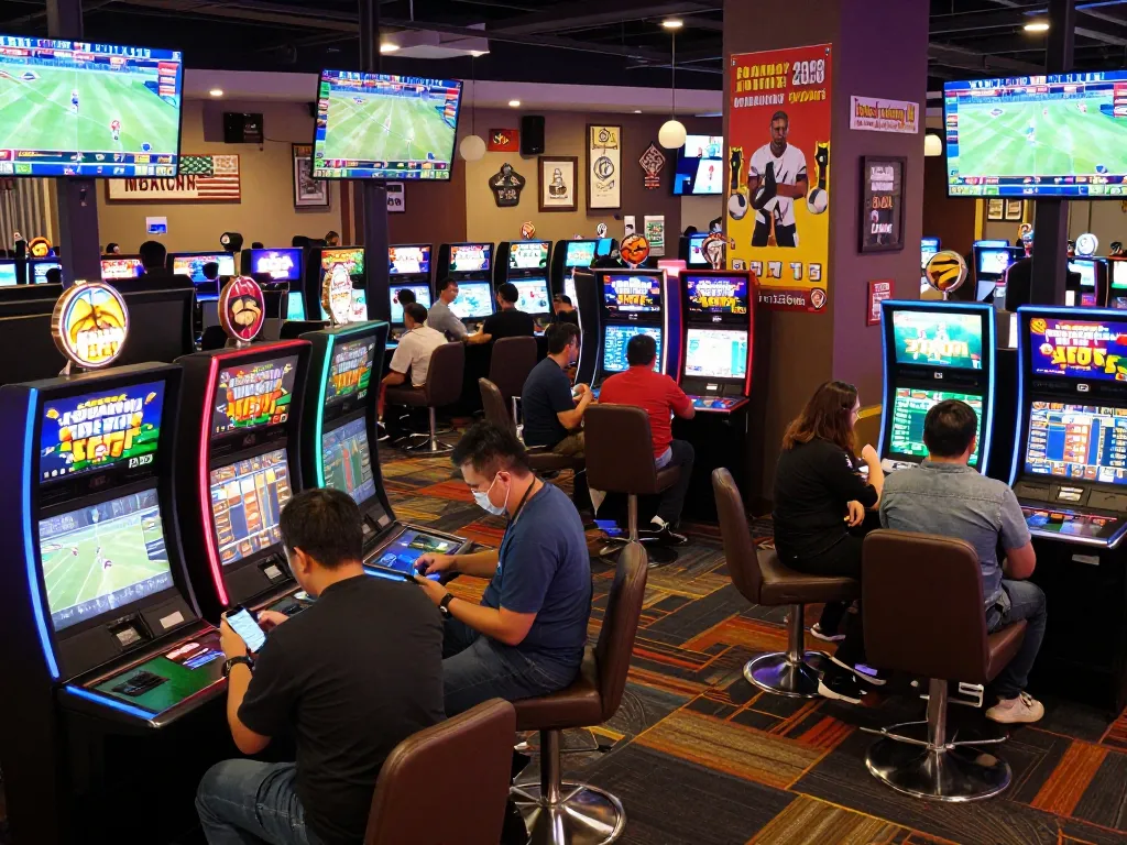 Excited bettors analyzing keobongda odds in a lively modern sports betting venue, displaying vibrant atmosphere.