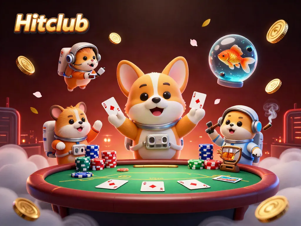 Experience Hitclub's thrilling gaming atmosphere with floating characters and vibrant casino elements.