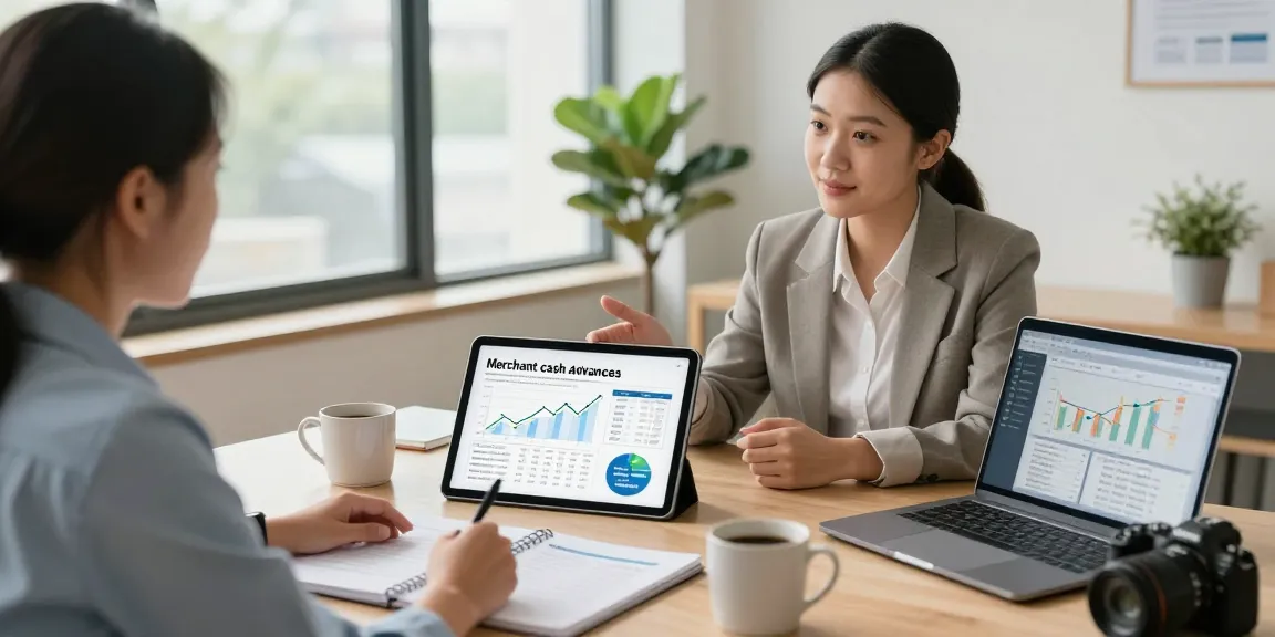 Business meeting focusing on merchant cash advance vs loan, advisor discussing financial options with owner in a modern office.
