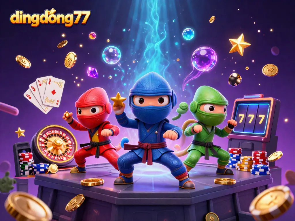 Experience thrilling gameplay with dingdong77's ninja chameleons in a colorful 3D casino scene.