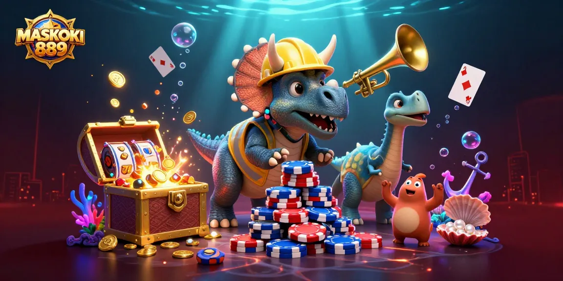 Engage in thrilling action with MASKOKI889, showcasing a vibrant underwater casino scene bursting with poker excitement.