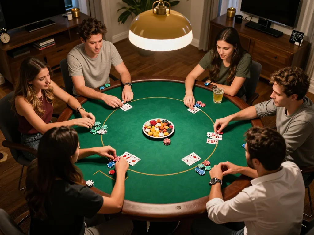 Play exciting GAME ONLINE with friends during an intense home poker night with colorful chips.