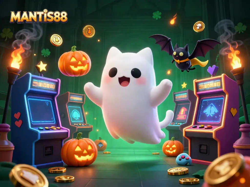 MANTIS88 invites players to explore a vibrant haunted casino scene with a ghost cat and a bat companion among glowing gaming elements.