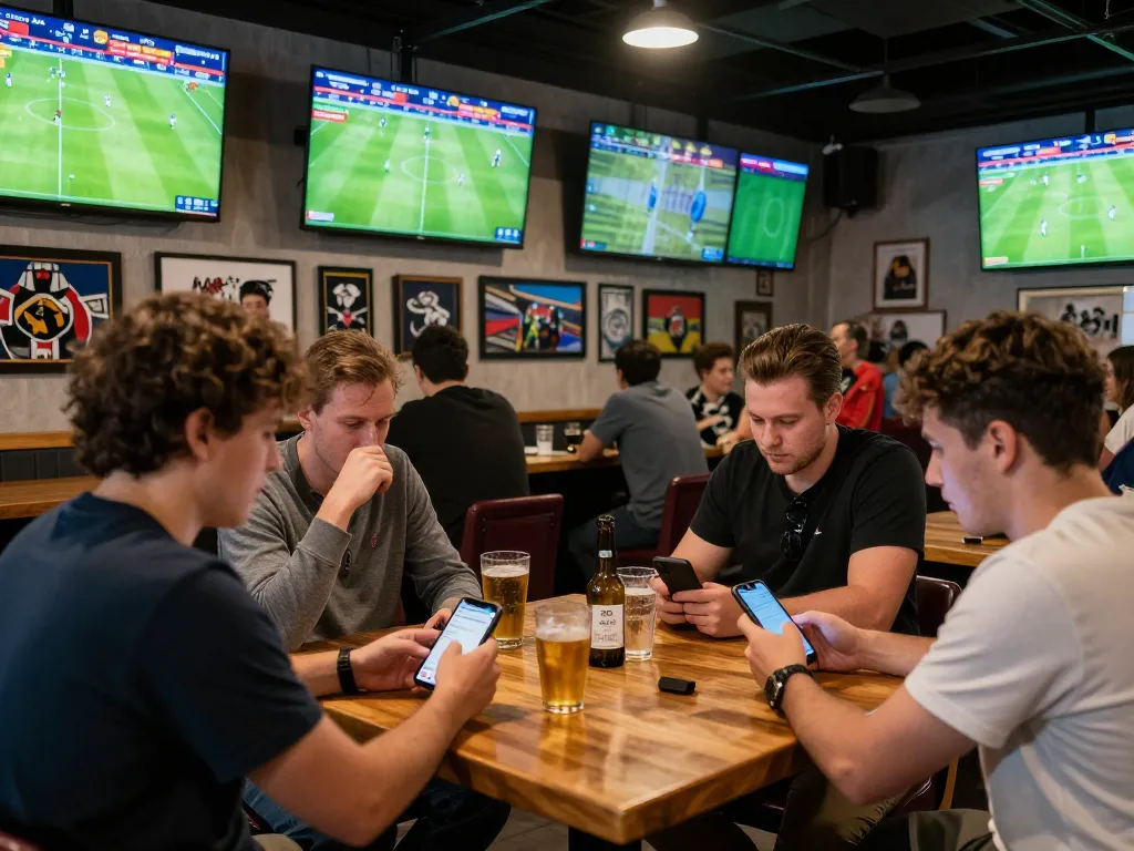 Soccer fans engaged in sports betting strategies at a lively venue with screens.