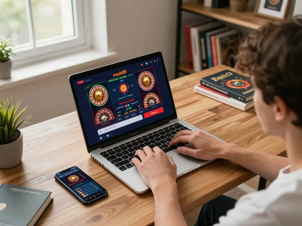 Engaging in rokok88 login at home, showcasing online casino games on laptop with betting interface.
