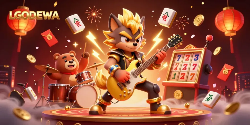 Experience the electrifying LGODEWA experience with a rock star wolf on stage, surrounded by vibrant casino elements.
