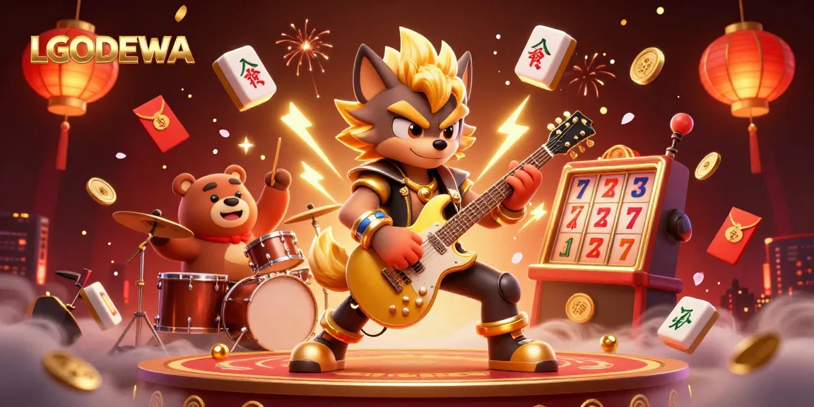 Experience the electrifying LGODEWA experience with a rock star wolf on stage, surrounded by vibrant casino elements.